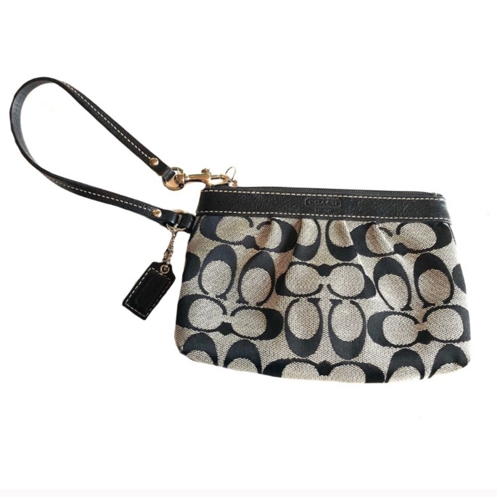 COACH L Signature Leather Trim Wristlet Black